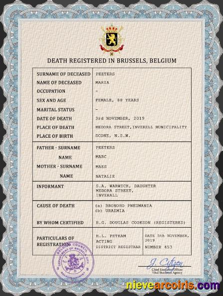 Belgium vital record death certificate